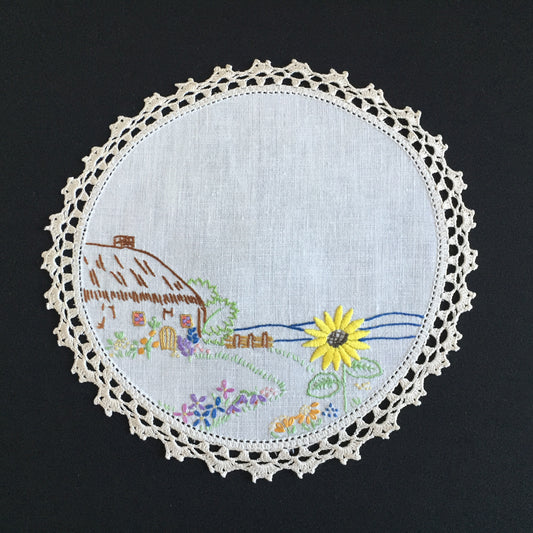 Vintage Collectible Hand Embroidered Doily with Country Cottage Garden Design