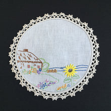 Load image into Gallery viewer, Vintage Collectible Hand Embroidered Doily with Country Cottage Garden Design