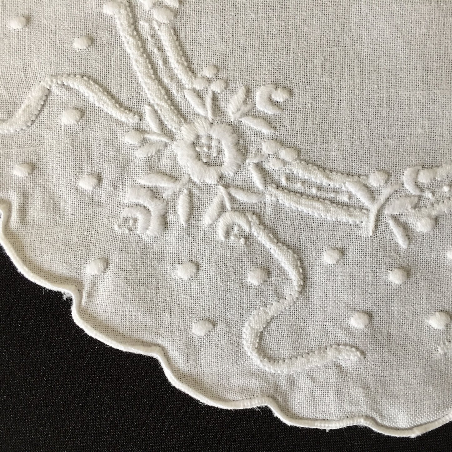 Hand Embroidered 9" Vintage Whitework Doily with Scalloped Edging