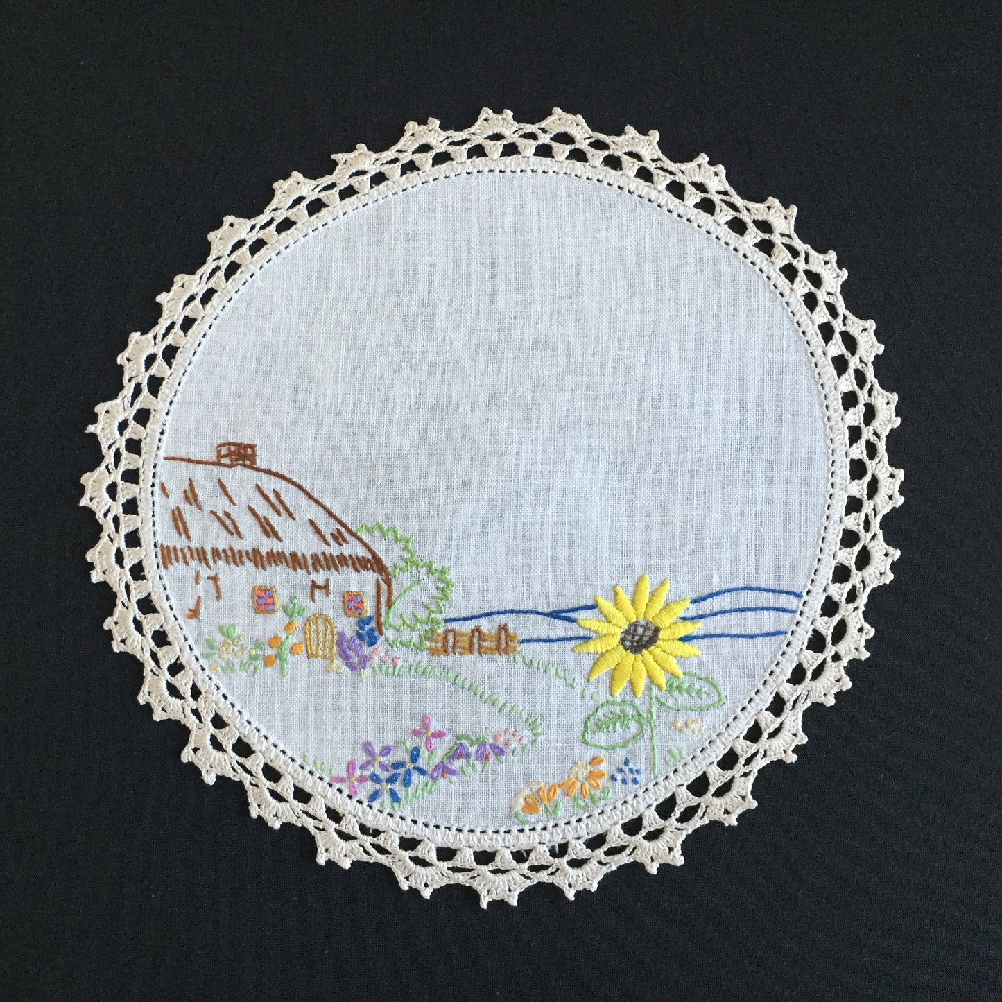 Vintage Collectible Hand Embroidered Doily with Country Cottage Garden Design