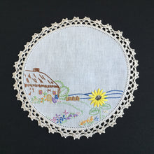 Load image into Gallery viewer, Vintage Collectible Hand Embroidered Doily with Country Cottage Garden Design