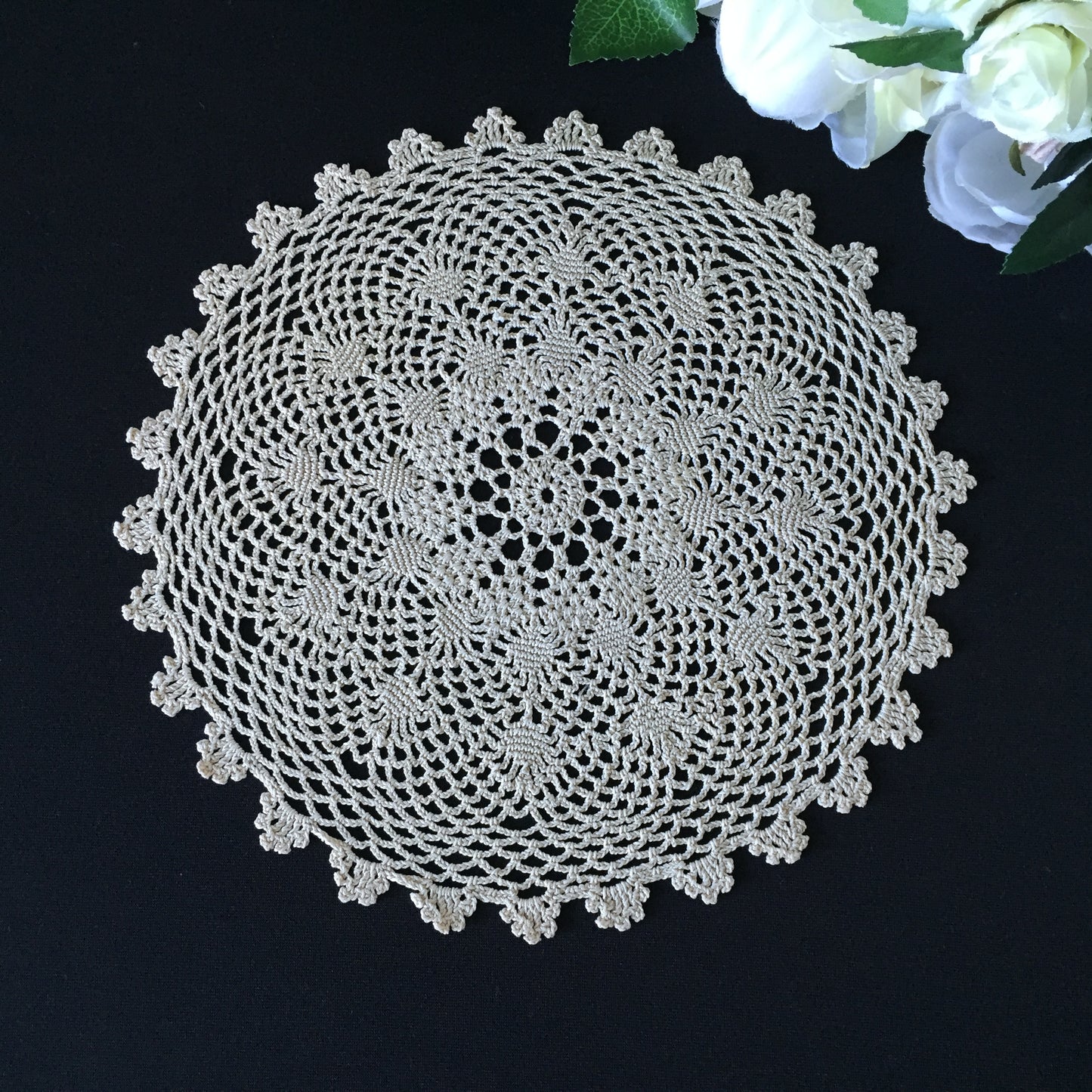 Spider Patterned Ecru Cotton 9" Crocheted Lace Doily Handmade Vintage 1970s