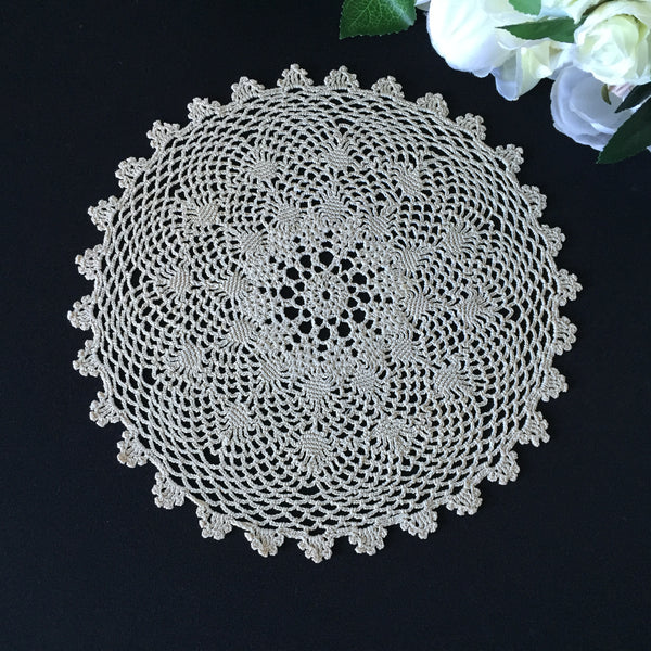 Spider Patterned Ecru Cotton 9" Crocheted Lace Doily Handmade Vintage 1970s