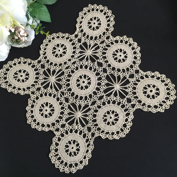 1950s Vintage Handmade Ecru Cotton 12" Square Crochet Lace Doily