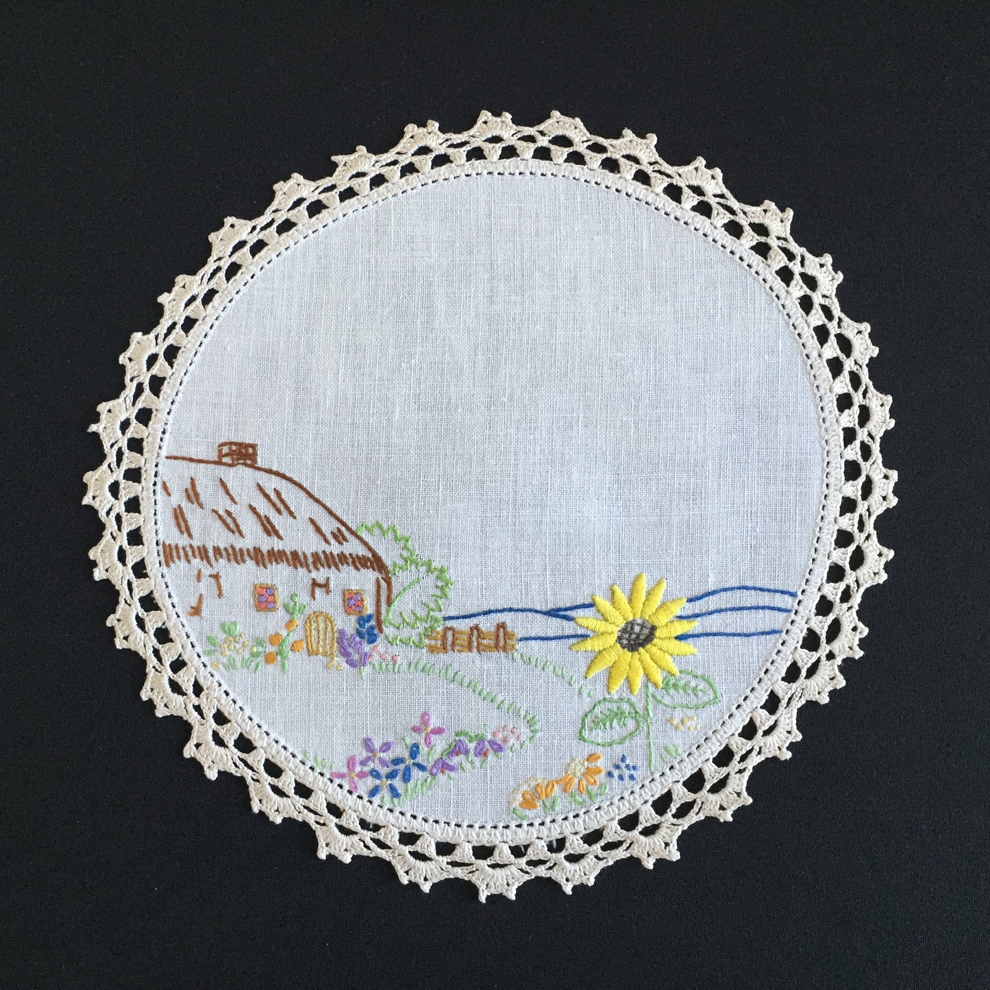 Vintage Collectible Hand Embroidered Doily with Country Cottage Garden Design