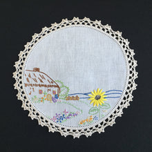 Load image into Gallery viewer, Vintage Collectible Hand Embroidered Doily with Country Cottage Garden Design