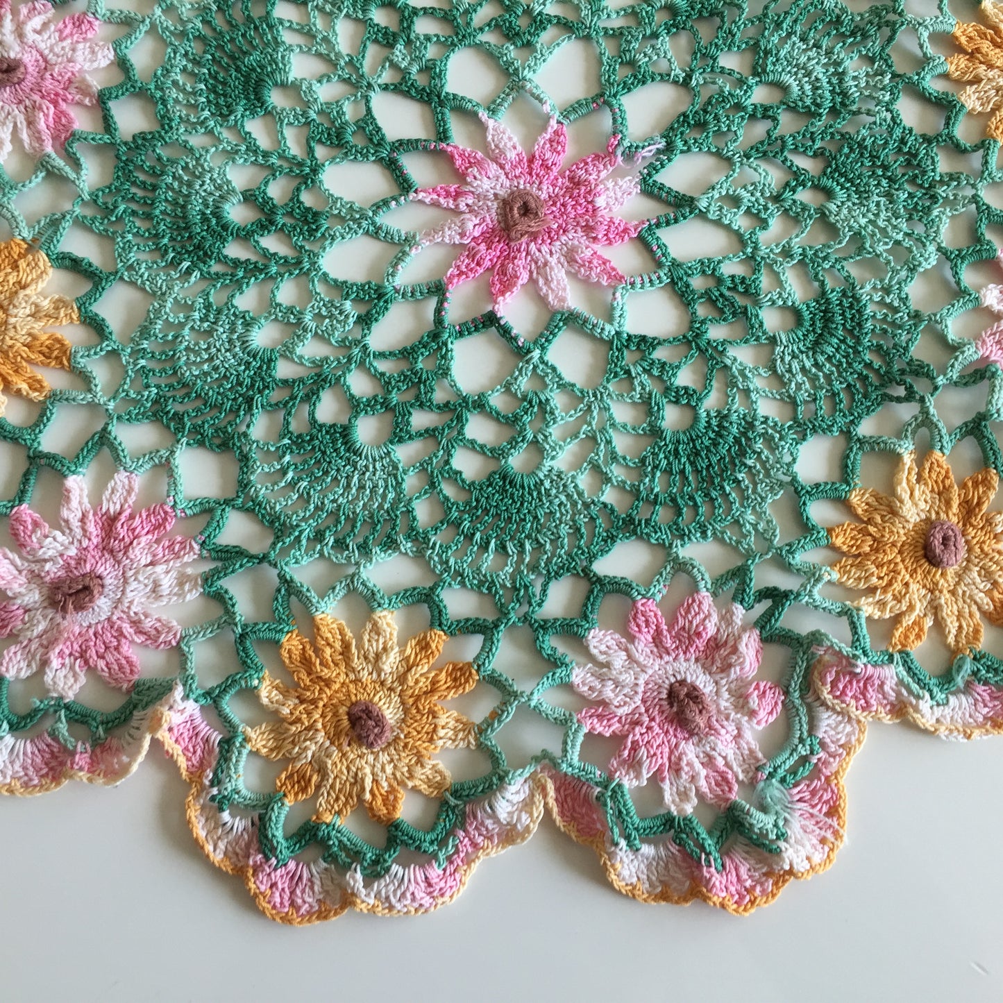 Vintage Crochet Lace Doily or Table Centre Mat with Pink and Orange Floral Pattern