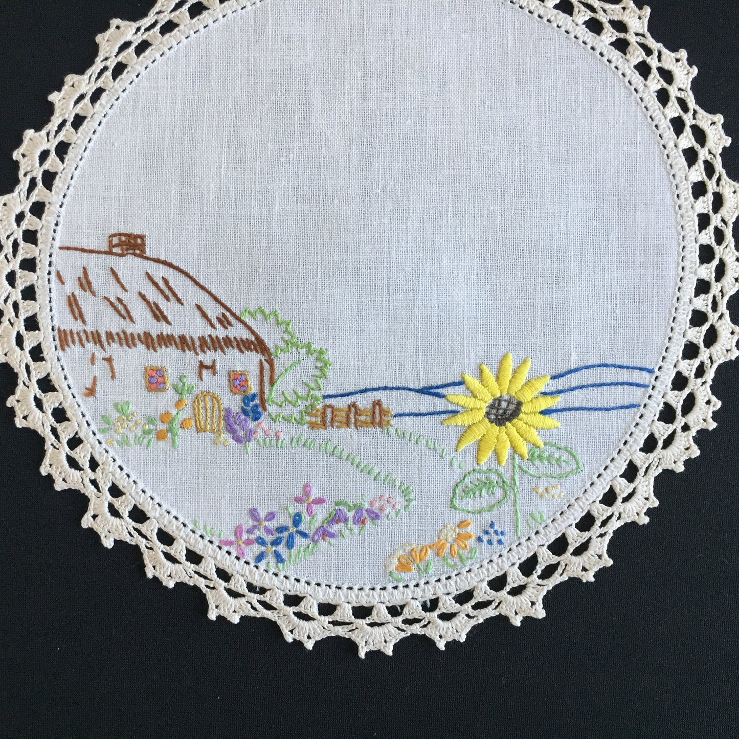 Vintage Collectible Hand Embroidered Doily with Country Cottage Garden Design