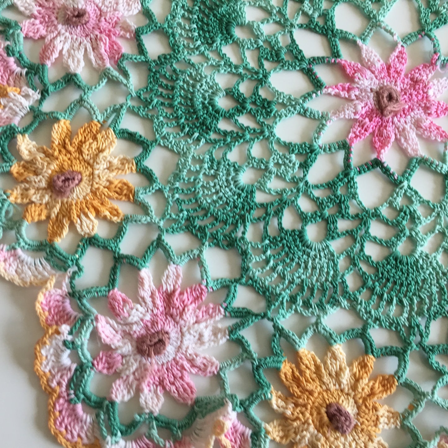 Vintage Crochet Lace Doily or Table Centre Mat with Pink and Orange Floral Pattern