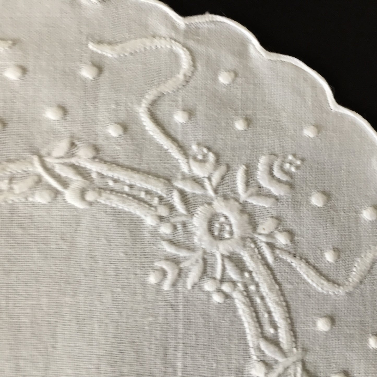 Hand Embroidered 9" Vintage Whitework Doily with Scalloped Edging