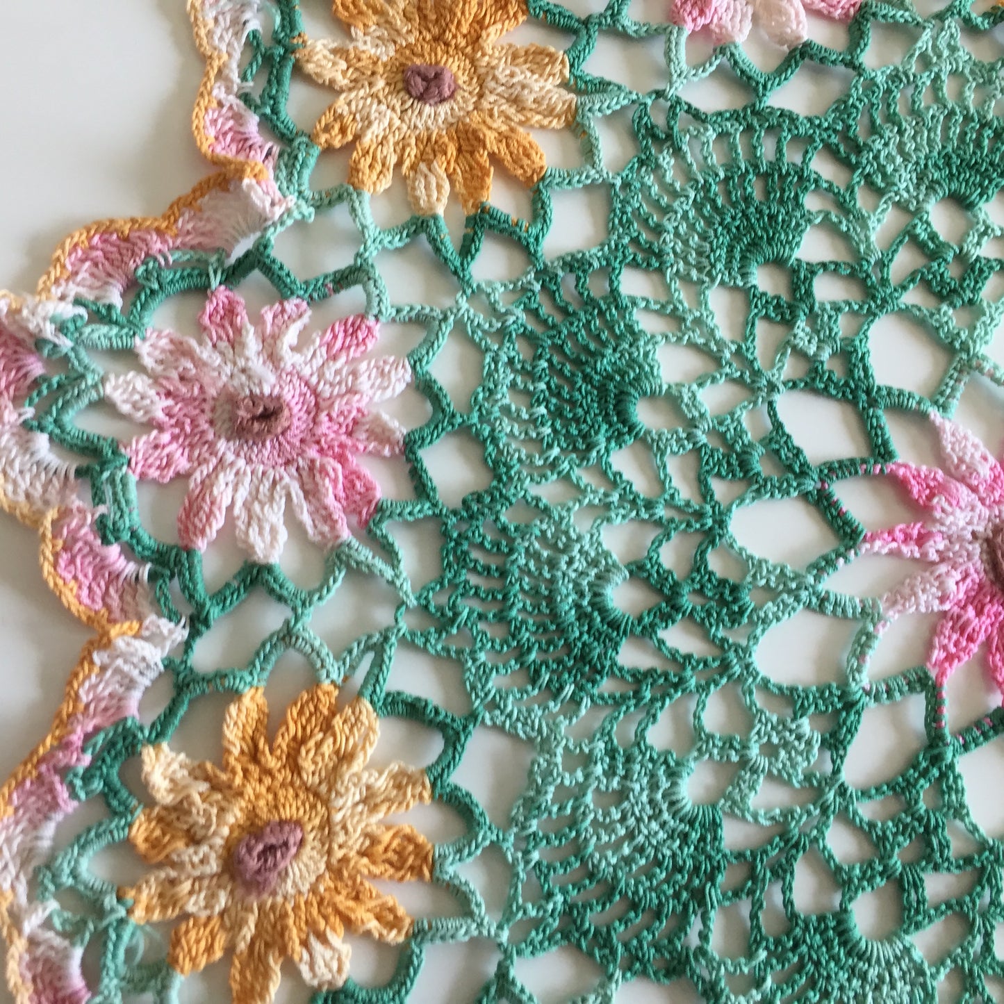 Vintage Crochet Lace Doily or Table Centre Mat with Pink and Orange Floral Pattern