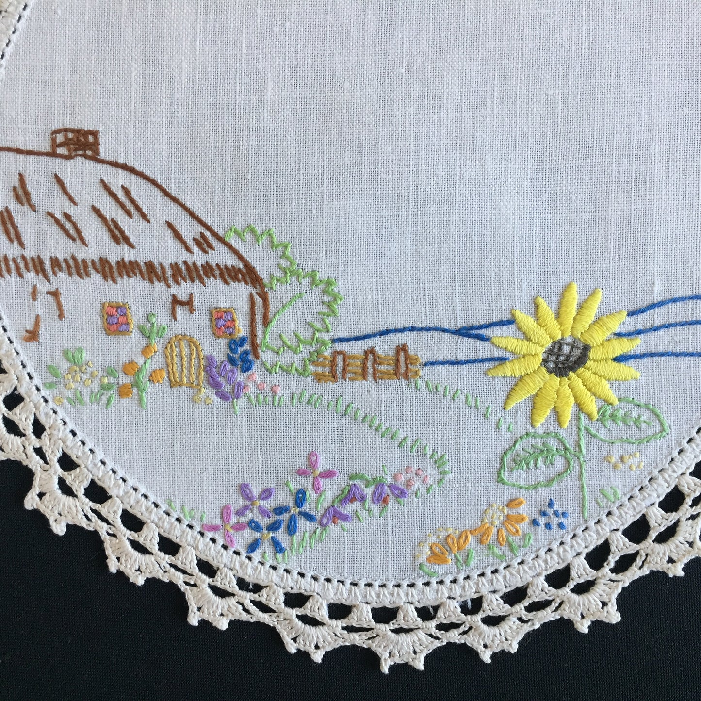 Vintage Collectible Hand Embroidered Doily with Country Cottage Garden Design