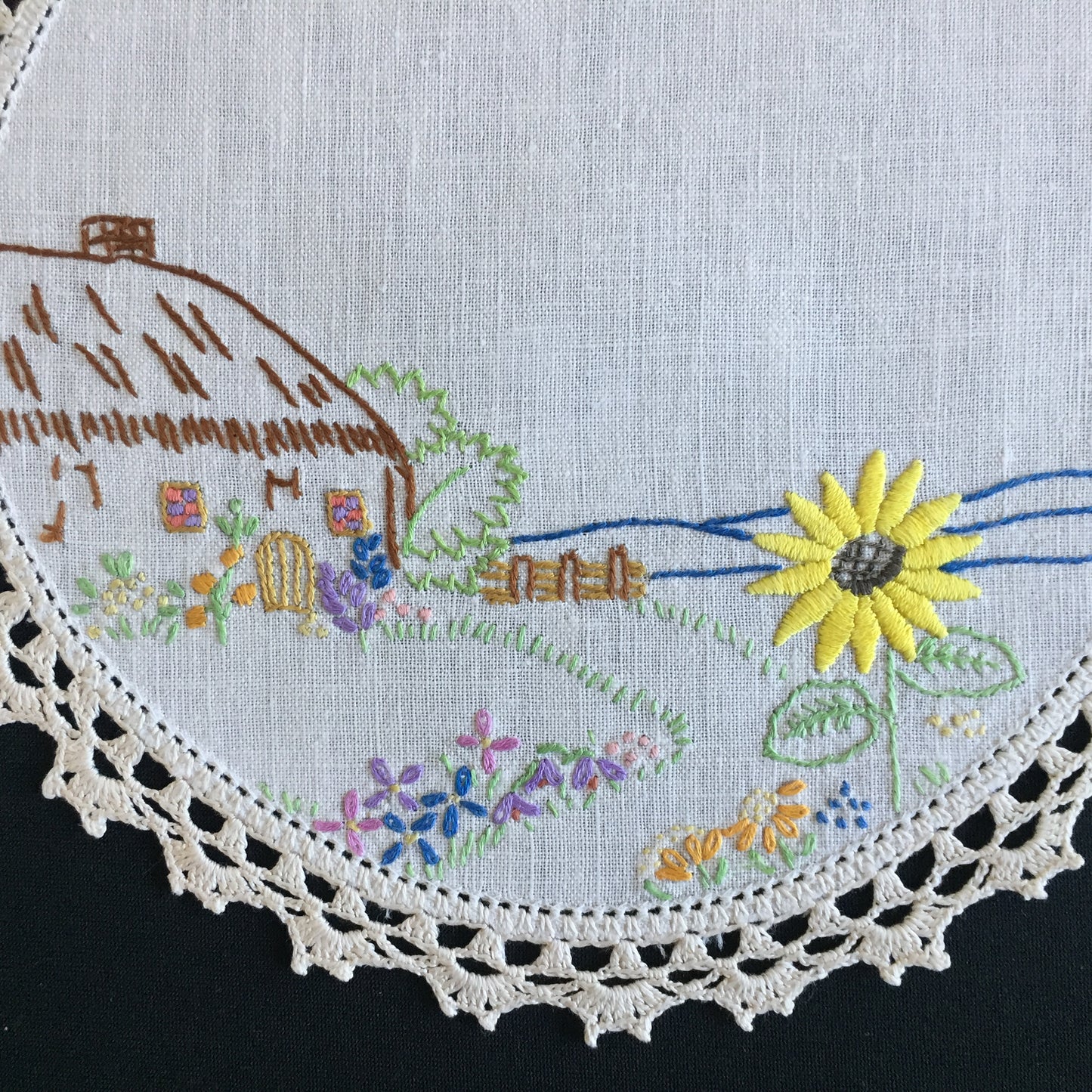 Vintage Collectible Hand Embroidered Doily with Country Cottage Garden Design