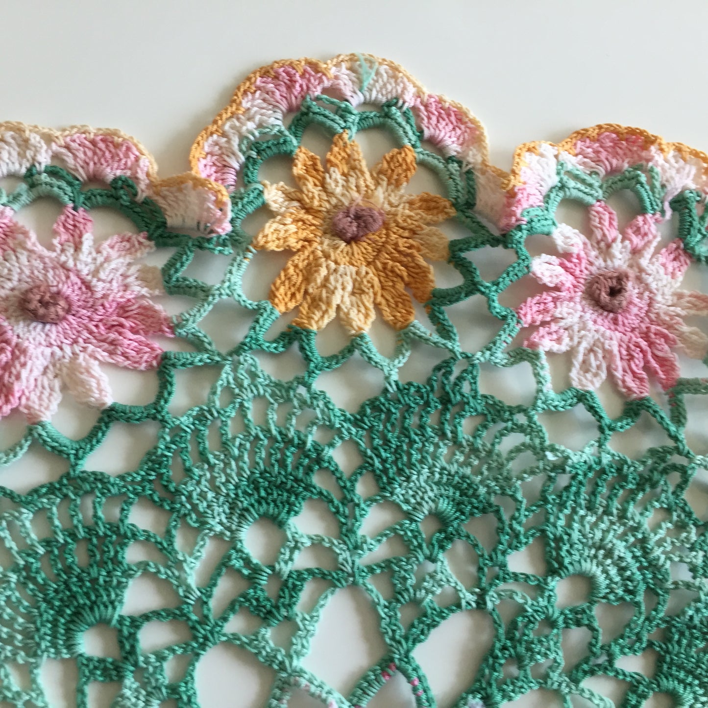 Vintage Crochet Lace Doily or Table Centre Mat with Pink and Orange Floral Pattern