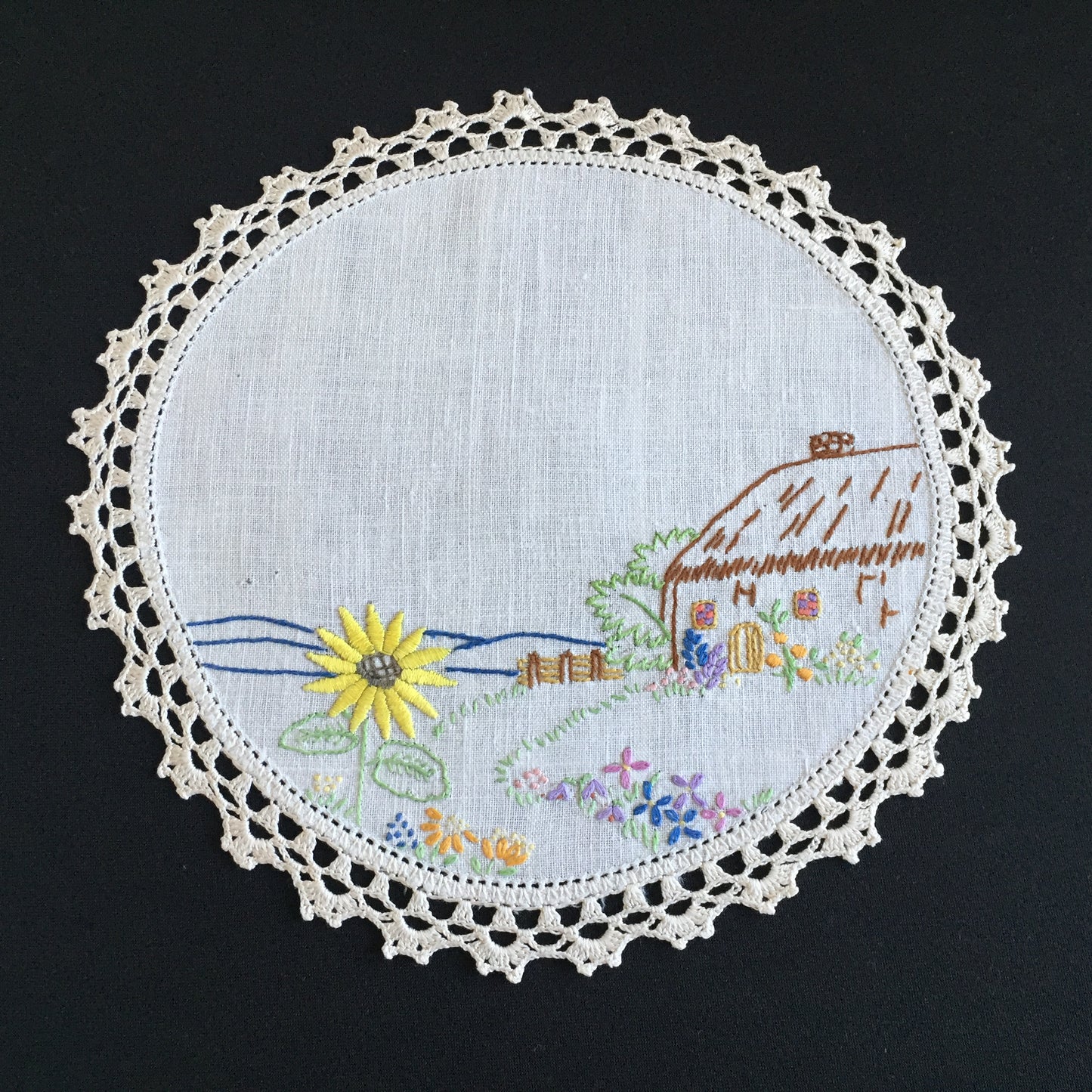 Vintage Collectible Hand Embroidered Doily with Country Cottage Garden Design