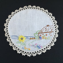 Load image into Gallery viewer, Vintage Collectible Hand Embroidered Doily with Country Cottage Garden Design