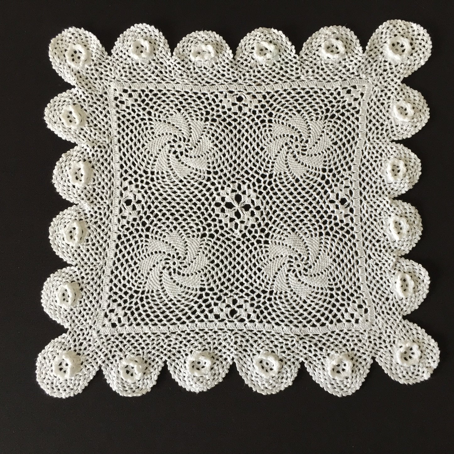 Vintage Crocheted Cotton Lace Doily 11.5" with 3D roses & Pinwheels Pattern