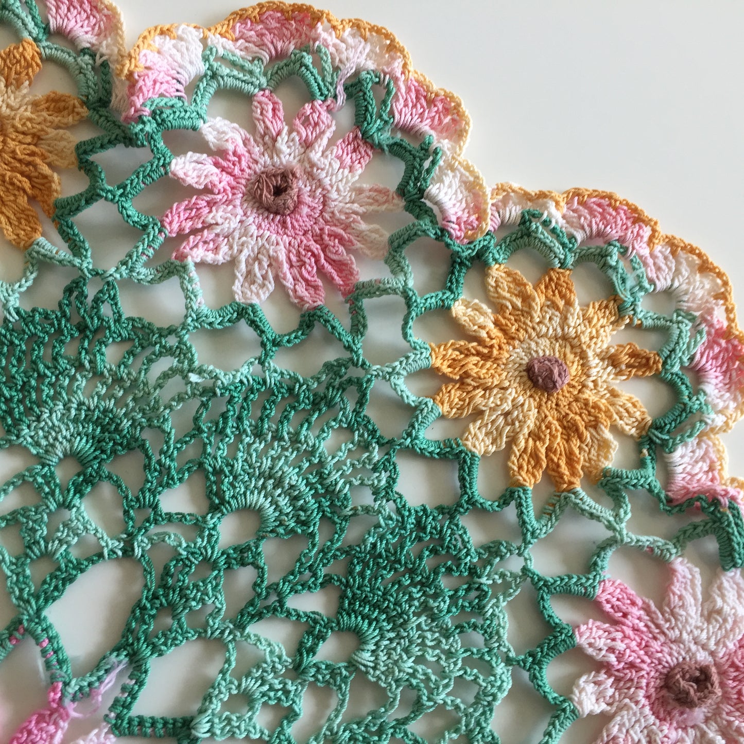 Vintage Crochet Lace Doily or Table Centre Mat with Pink and Orange Floral Pattern