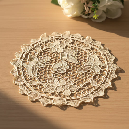 Venetian Style Point de Venise Burano Needle Lace Doily Round Beige 11"