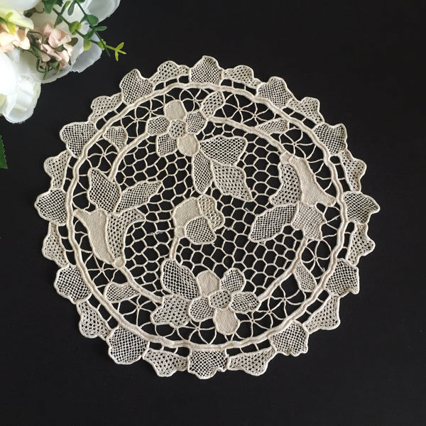 Venetian Style Point de Venise Burano Needle Lace Doily Round Beige 11"