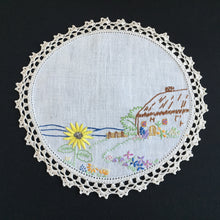Load image into Gallery viewer, Vintage Collectible Hand Embroidered Doily with Country Cottage Garden Design