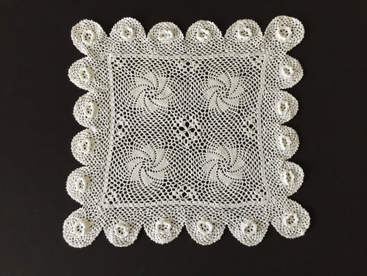 Vintage Crocheted Cotton Lace Doily 11.5" with 3D Roses & Pinwheels Pattern