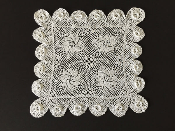 Vintage Crocheted Cotton Lace Doily 11.5" with 3D Roses & Pinwheels Pattern