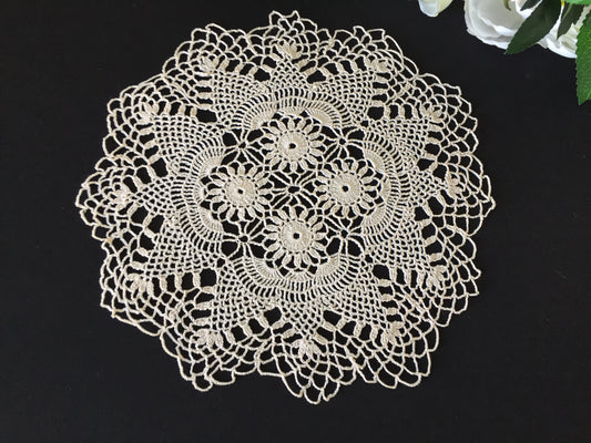 Pineapple Patterned Ecru Cotton 9" Crocheted Lace Doily Handmade Vintage 1950s
