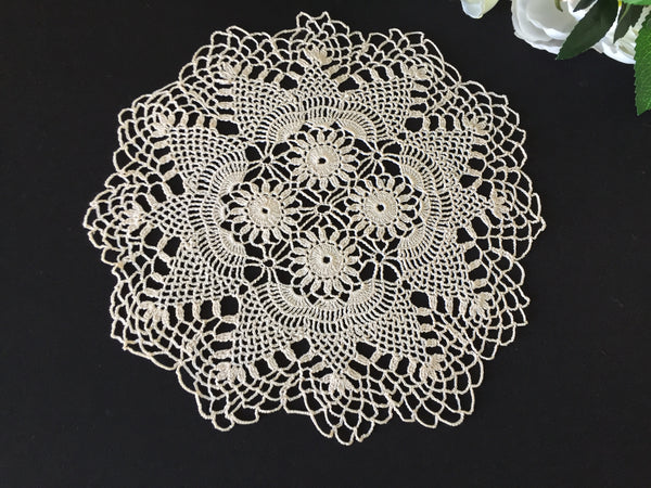 Pineapple Patterned Ecru Cotton 9" Crocheted Lace Doily Handmade Vintage 1950s