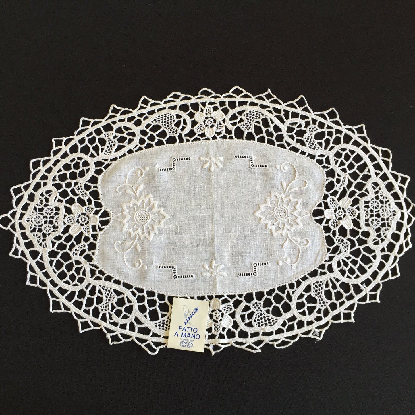 Unused Vintage Oval Hand Embroidered White Doily with a Venetian Lace Border
