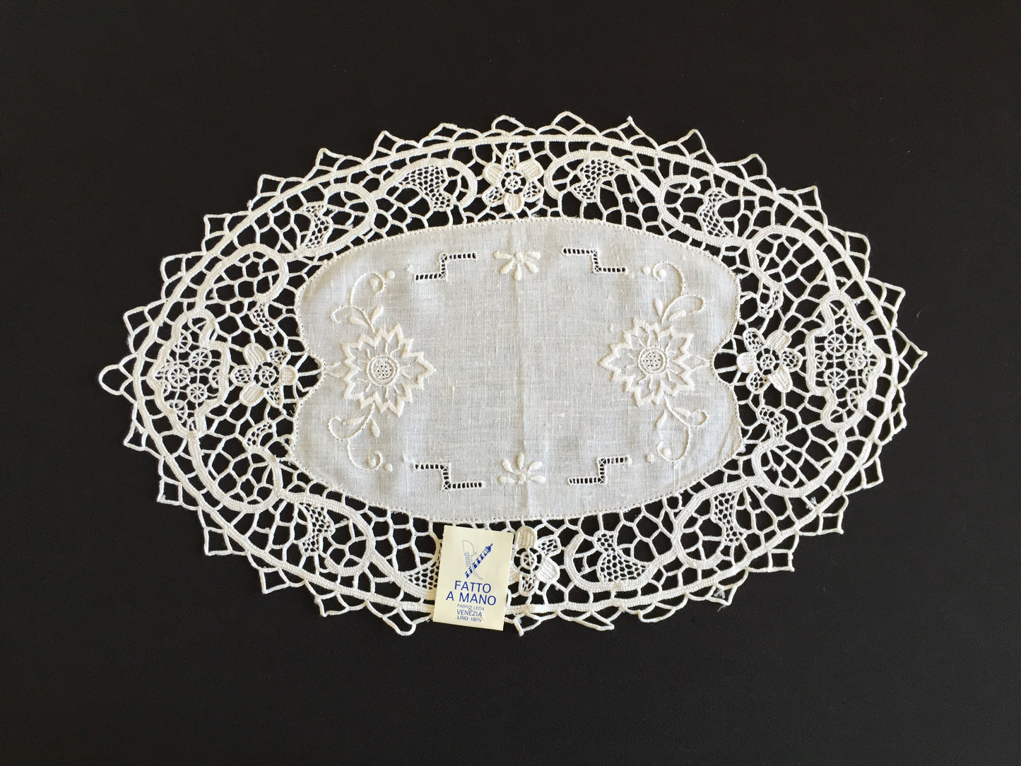 Unused Vintage Oval Hand Embroidered White Doily with a Venetian Lace Border
