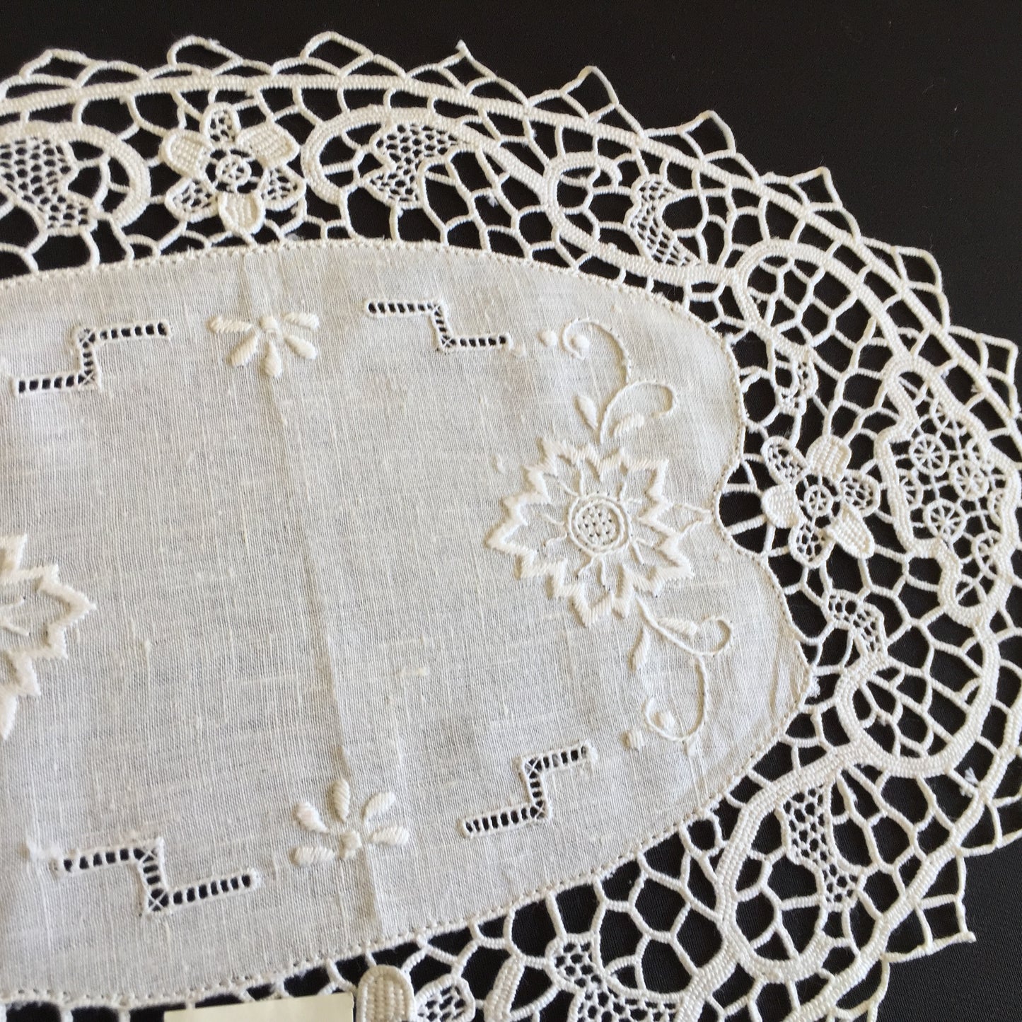 Unused Vintage Oval Hand Embroidered White Doily with a Venetian Lace Border