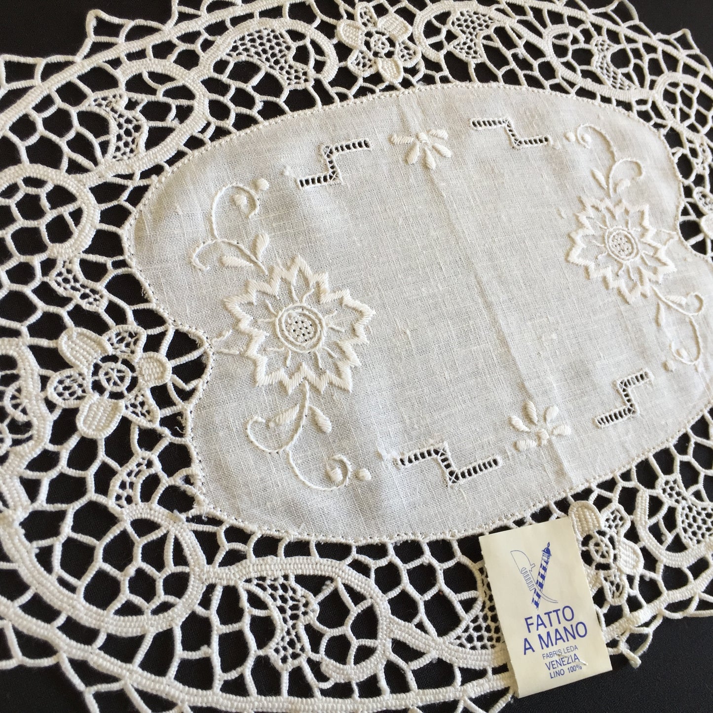 Unused Vintage Oval Hand Embroidered White Doily with a Venetian Lace Border