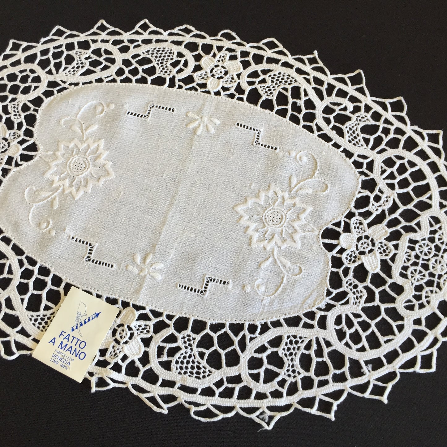Unused Vintage Oval Hand Embroidered White Doily with a Venetian Lace Border