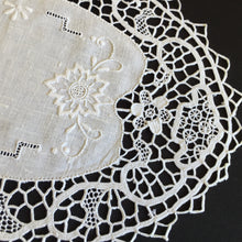 Load image into Gallery viewer, Unused Vintage Oval Hand Embroidered White Doily with a Venetian Lace Border