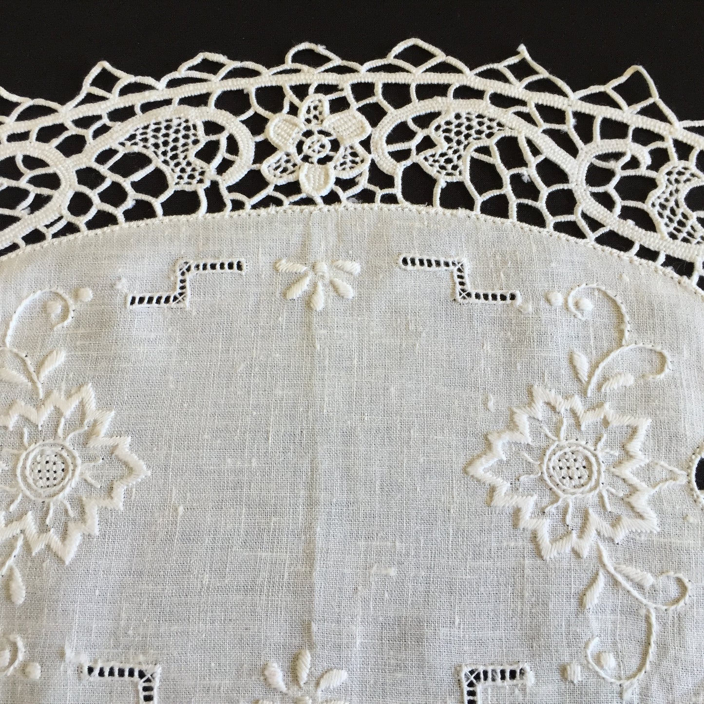 Unused Vintage Oval Hand Embroidered White Doily with a Venetian Lace Border