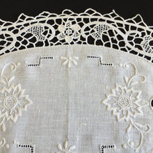 Load image into Gallery viewer, Unused Vintage Oval Hand Embroidered White Doily with a Venetian Lace Border