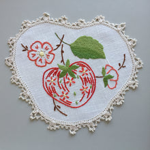 Load image into Gallery viewer, Vintage Hand Embroidered Linen Doily with Crochet Lace Edge