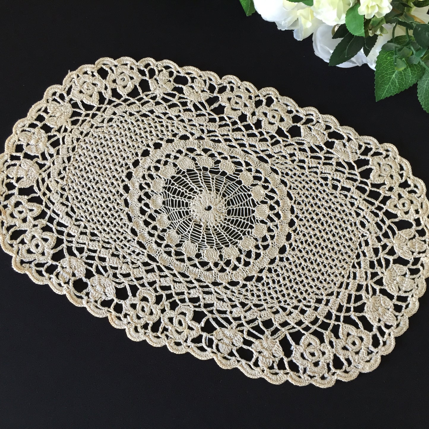 Ecru Cotton Oval Crocheted & Knitted Lace Table Centre Doily Handmade Vintage