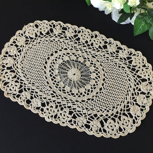 Ecru Cotton Oval Crocheted & Knitted Lace Table Centre Doily Handmade Vintage