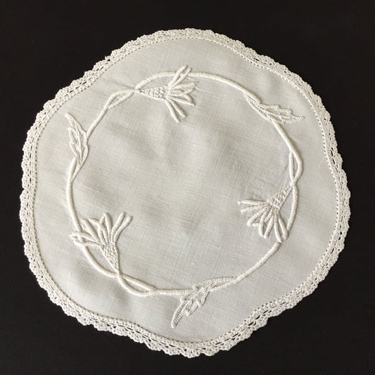 Victorian Antique 9" Vintage Hand Embroidered Whitework Doily | Crocheted Border