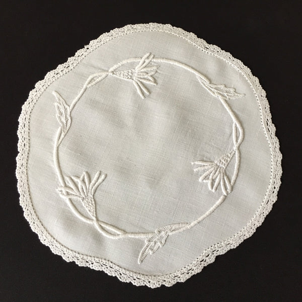 Victorian Antique 9" Vintage Hand Embroidered Whitework Doily | Crocheted Border