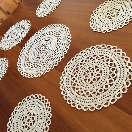 Set of 7 White Cotton Crocheted Placemat Doilies Handmade Vintage 1970s