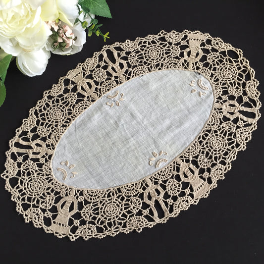 Antique Embroidered Linen Table Centre Doily with Figural Lace Edging