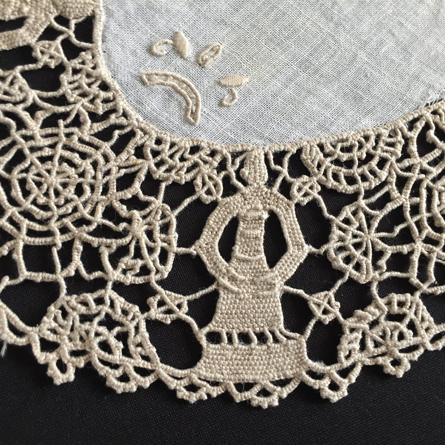 Antique Embroidered Linen Table Centre Doily with Figural Lace Edging