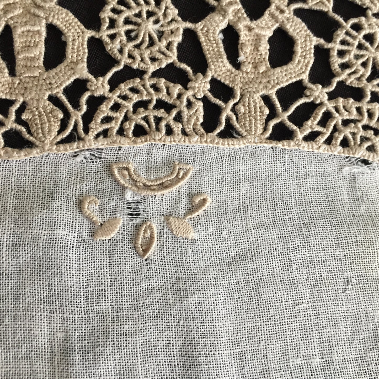 Antique Embroidered Linen Table Centre Doily with Figural Lace Edging