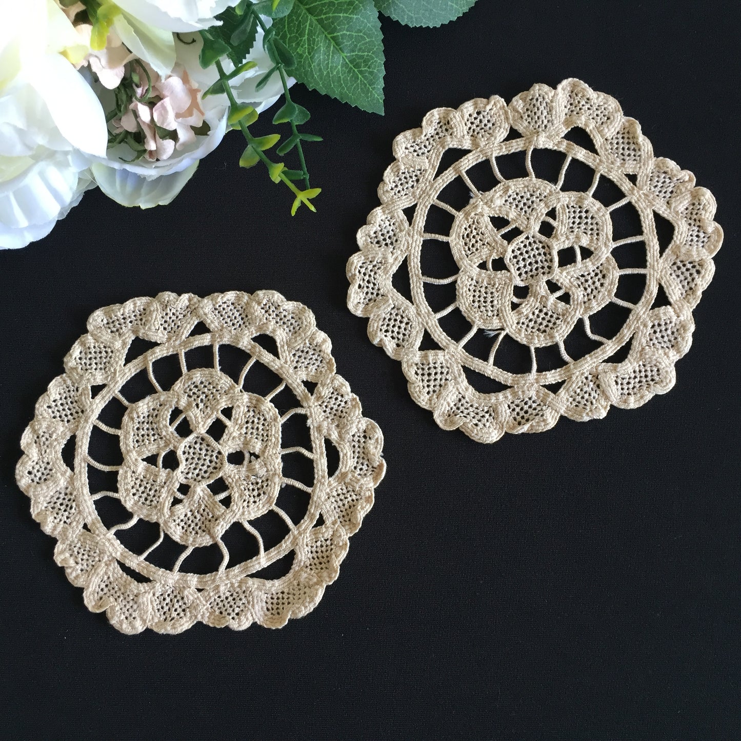 Pair of Vintage Handmade Venetian Style 5.5" Ecru Needle Lace Doilies
