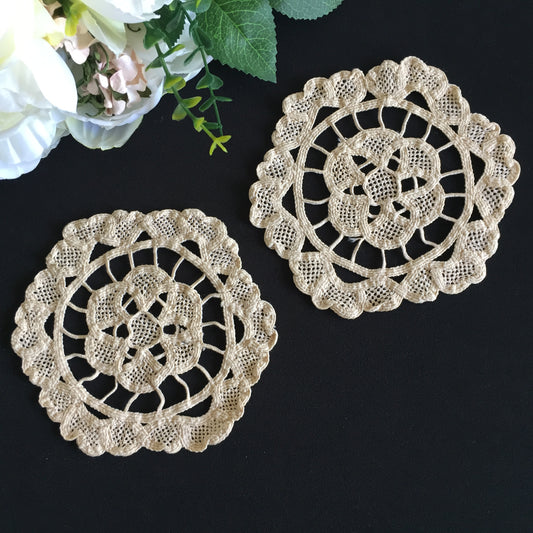 Pair of Vintage Handmade Venetian Style 5.5" Ecru Needle Lace Doilies
