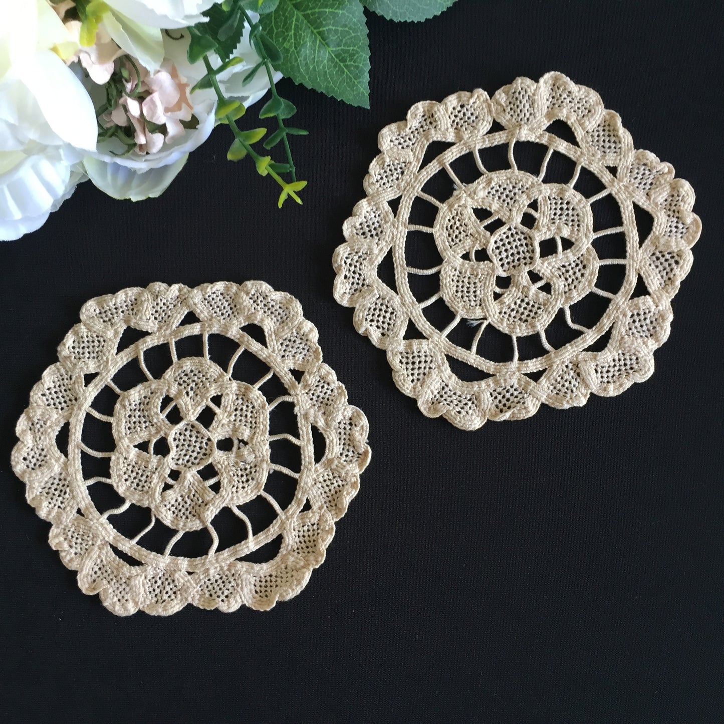 Pair of Vintage Handmade Venetian Style 5.5" Ecru Needle Lace Doilies