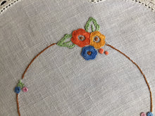 Load image into Gallery viewer, Vintage Hand Embroidered Collectible Doily with Floral Design and Crocheted Cotton Edging